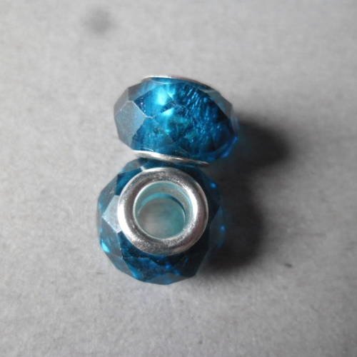 X 2 perles verre bleu à facettes lampwork noyau argenté 14 x 10 mm 