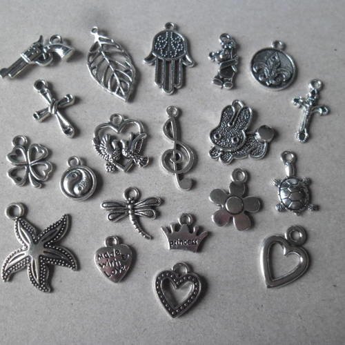 X 20 mixte pendentifs/breloque différents modèles argenté 25 x 10/15 x 10 mm n°5 