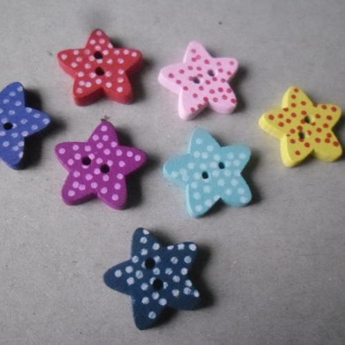 X 10 mixte boutons bois étoile motif pois multicolore 2 trous 15 mm 