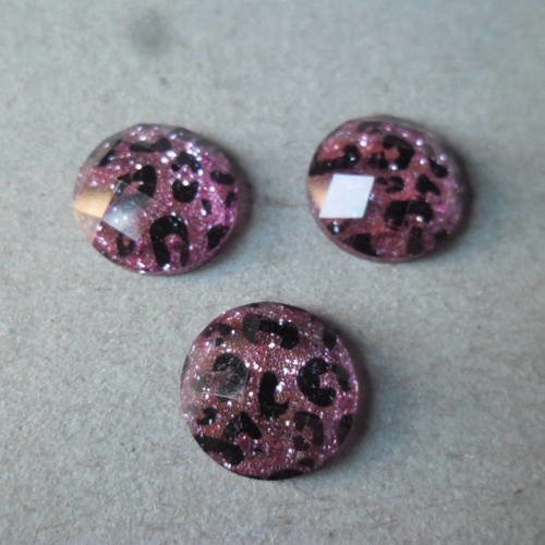 X 10 camées/cabochon rond motif léopard rose/noir pailleté facettes à coller en résine 12 mm 