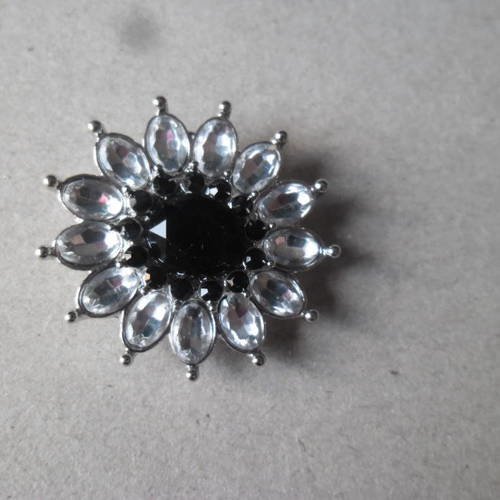 X 1 bouton pression forme fleur motif strass blanc/noir argenté 30 mm 