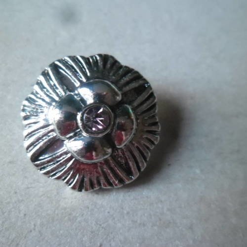 X 1 bouton pression forme fleur strass rose facettes argent vieilli 20 mm 