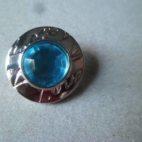 X 1 bouton pression rond lettre love demi-perle bleu à facettes  argenté 18 mm 