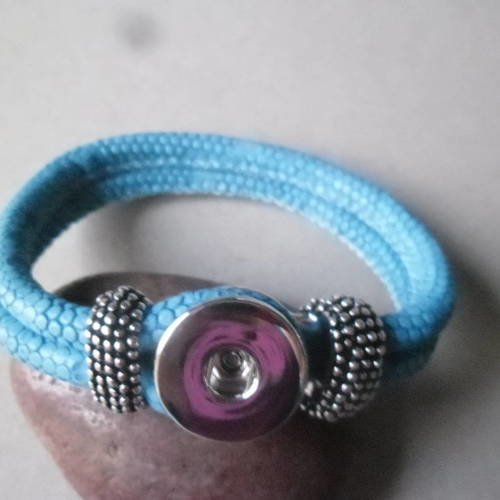 X 1 bracelet cuir bleu pu pour bouton pression  argenté 22 cm 