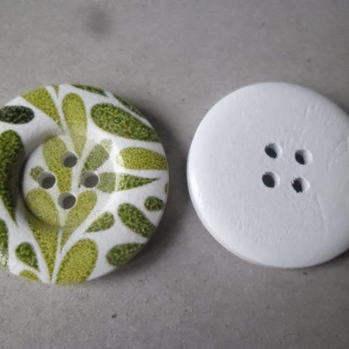 X 1 bouton résine rond blanc motif feuille verte 4 trous 30 mm 
