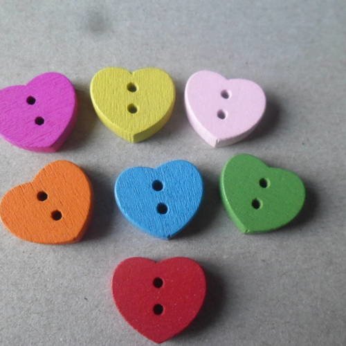 X 5 mixte boutons en bois coeur multicolore 2 trous 15 x 15 mm 