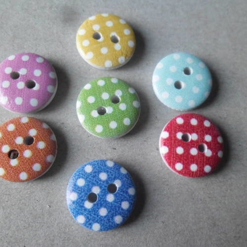 X 1 gros lot de 45 mixte boutons bois multicolore motif pois blanc 2 trous 15 mm 