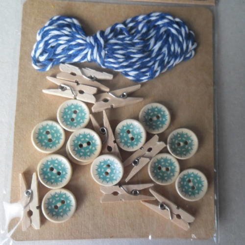 X 1 set décoratif de boutons bois,épingle à linge bois,cordon coton bleu/blanc 
