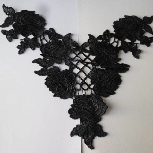 X 1 grande/magnifique guipure dentelle floral noir polyester à coudre 34 x 33 cm x 