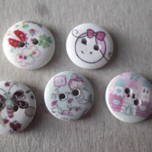 X 10 mixte boutons bois rond blanc motif girl/animaux multicolore 2 trous 15 mm 