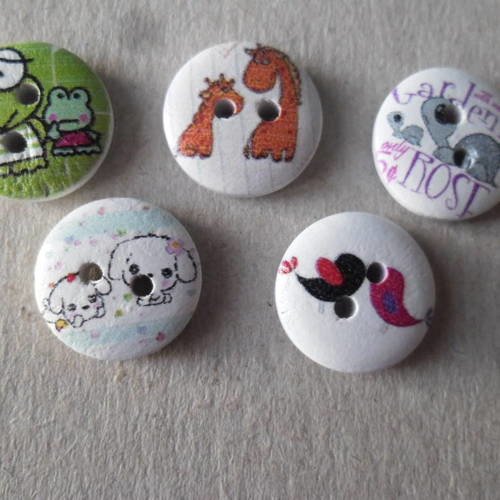 X 10 mixte boutons bois rond blanc motif animaux multicolore 2 trous 15 mm 