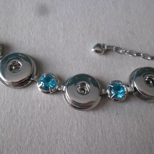 X 1 bracelet motif gros strass cristal bleu pour 3 boutons pression fermoir mousqueton+chaine d'extension argenté 16 cm 