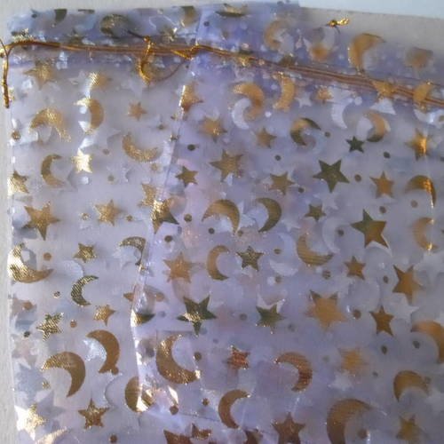 X 5 sachets/pochette cadeau organza violet motif lune/étoile doré 18 x 13 cm 