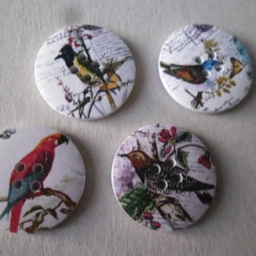 X 5 mixte boutons en bois vintage blanc motif oiseaux multicolore 4 trous 30 mm 