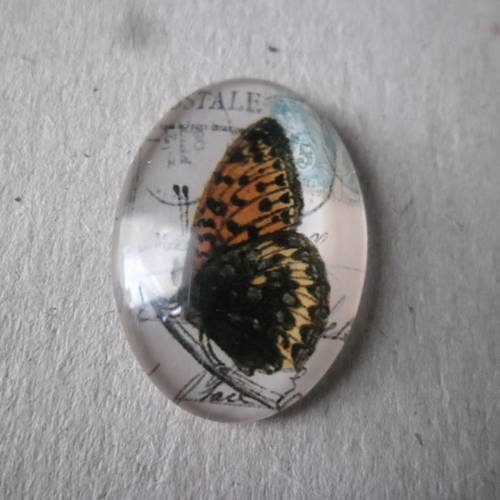 X 1 camée/cabochon vintage verre dome ovale motif papillon à coller 25 x 18 mm 