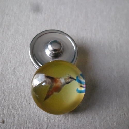 X 1 bouton pression click rond verre dome motif oiseau argenté 18 mm 