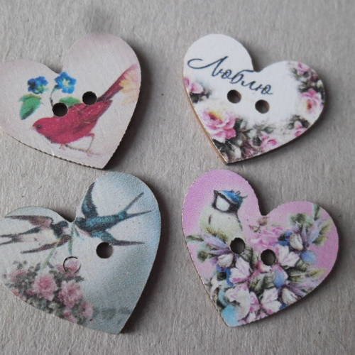 X 5 mixte boutons bois coeur motif fleur/oiseau multicolore 2 trous 26 x 28 mm 