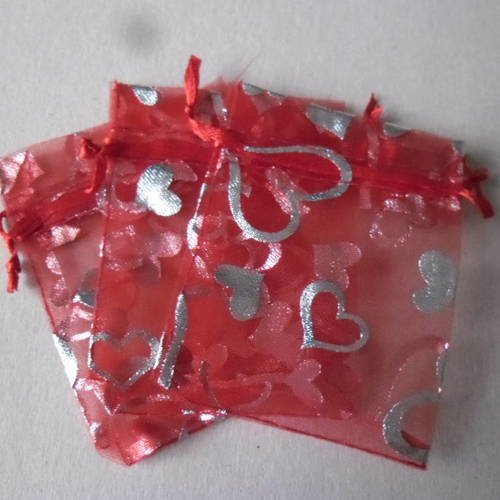X 10 sachets/pochette cadeau organza rouge moti coeur argenté 9 x 7 cm 