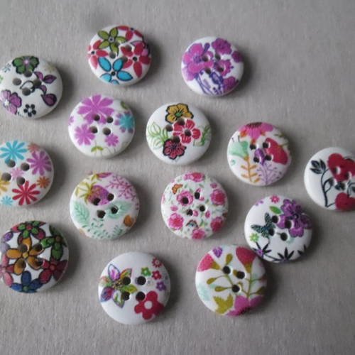 X 1 gros lot de  50 mixte boutons en bois motif fleurs multicolore 4 trous 15 mm 