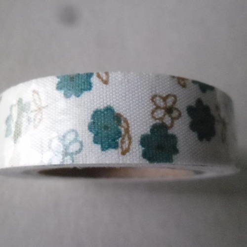 X 5 mètres de ruban adhésif tissu coton masking tape blanc motif fleurette bleu/marron repositionnable 15 mm 