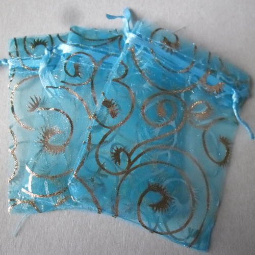 X 10 sachets/pochette cadeau organza bleu à motif doré 9 x 7 cm 