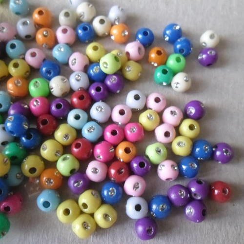X 100 mixte perles ronde multicolore motif pois argenté acrylique 4 mm 
