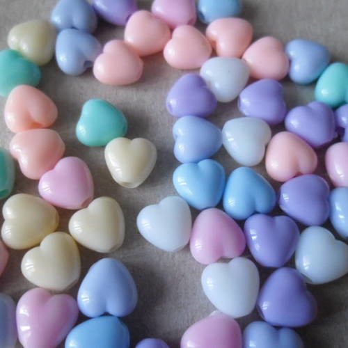 X 100 mixte perles forme coeur multicolore pastel acrylique 7 x 7 mm 