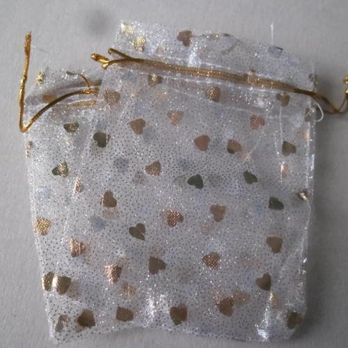 X 5 sachets/pochette cadeau organza blanc motif pailleté/coeur doré 12 x 10 cm 