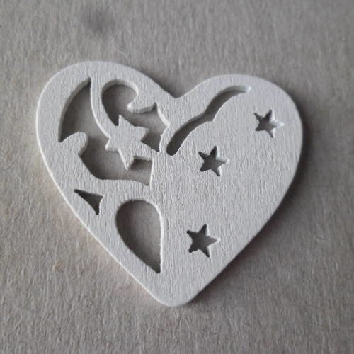 X 2 embellissements bois forme coeur blanc ajouré motif étoile à coller 32 x 35 mm 