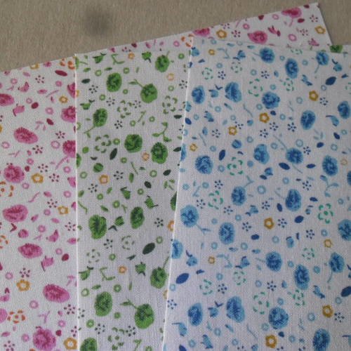 X 3 mixte coupons de tissu coton adhésif fond blanc motif fleur 15 x 20 cm 