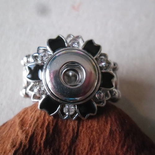 X 1 baque élastique anneau émail noir/strass blanc pour mini bouton pression argenté 17,7 mm 