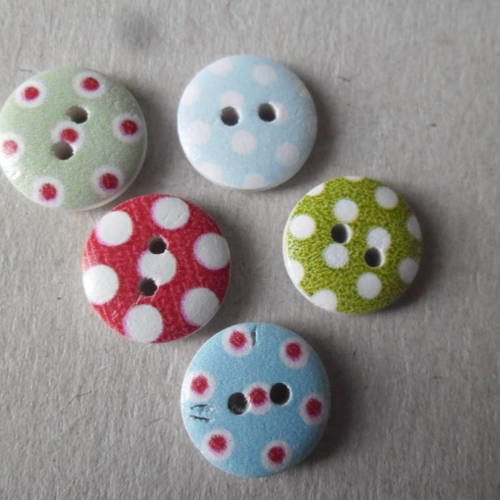 X 10 mixte boutons bois rond motif pois multicolore 2 trous 15 mm 