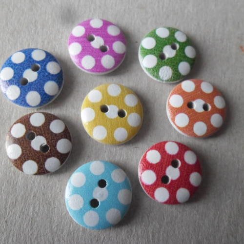 X 10 mixte boutons bois rond multicolore motif pois blanc 2 trous 15 mm 