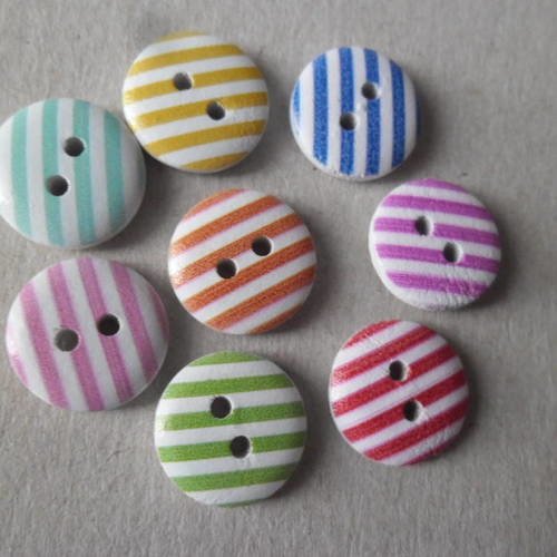 X 10 mixte boutons bois rond motif rayures multicolore 2 trous 15 mm