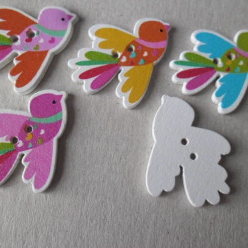 X 5 mixte boutons en bois forme d'oiseaux multicolore 2 trous 25 x 22 mm