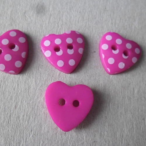 X 5 boutons en forme de coeur rose motif pois blanc 2 trous résine 15 x 15 mm 