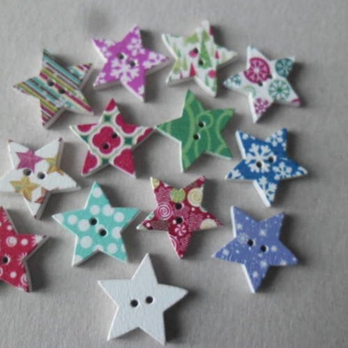 X 5 mixte boutons en bois forme d'étoile multicolore 2 trous 25 mm 