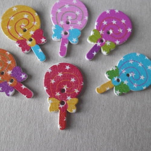 X 5 mixte boutons en bois forme sucette lollipop étoiles 2 trous 33 x 20 mm 
