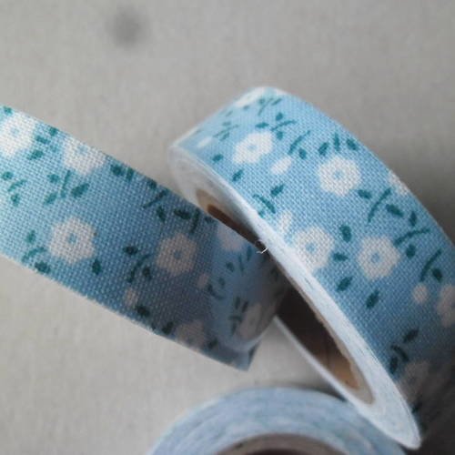 X 5 mètres de ruban adhésif tissu coton masking tape bleu motif fleurettes blanche repositionnable 15 mm 