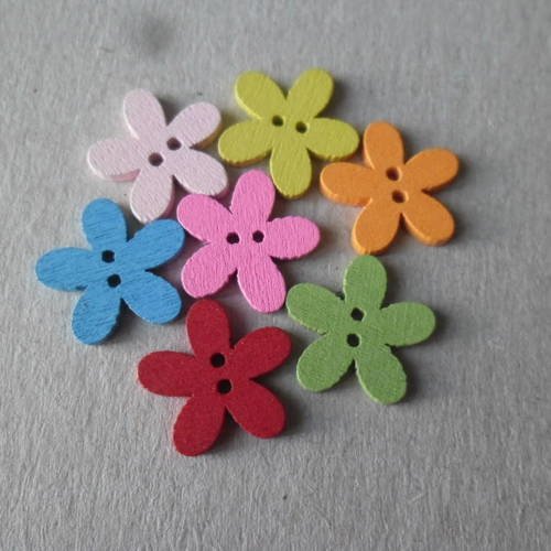 X 50 mixte boutons en bois motif fleur multicolore 2 trous 14 x 15 mm