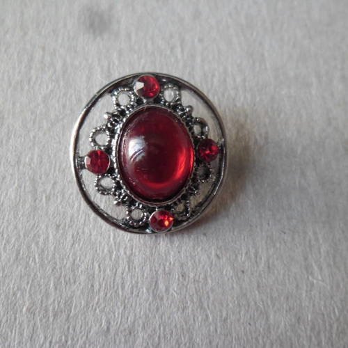 X 1 bouton pression ovale ciselé strass/perle rouge argenté 18 mm 