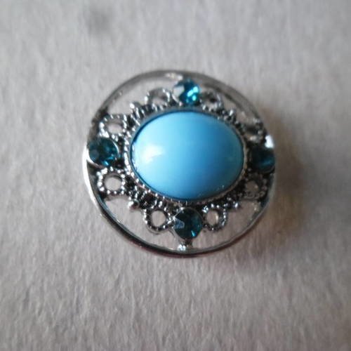 X 1 bouton pression ovale ciselé strass/perle bleu argenté 18 mm 