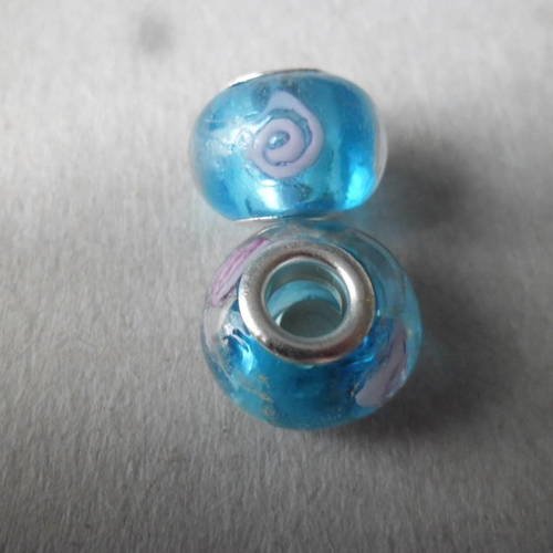 X 2 perles lampwork verre bleu motif fleur rose argenté 15 x 10 mm 
