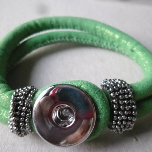 X 1 bracelet cuir pu vert pailleté pour bouton pression argenté 22 cm 