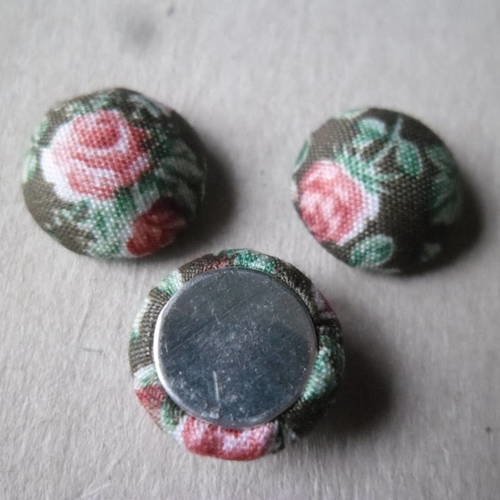 X 10 cabochons/camée dome recouvert de tissu coton fond kaki motif fleur rose vieux rose 13 mm 