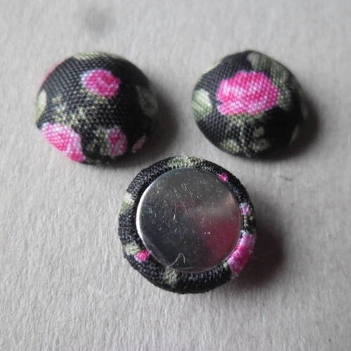 X 10 cabochons/camée dôme recouvert de tissu coton fond noir motif fleur rose 13 mm 