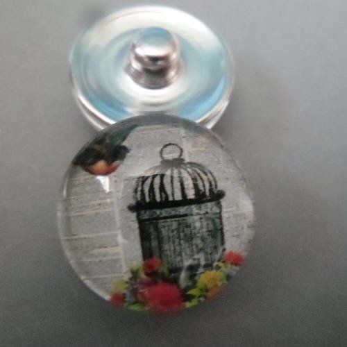 X 1 bouton pression click rond verre dôme motif cage oiseau vintage argenté 18 mm 