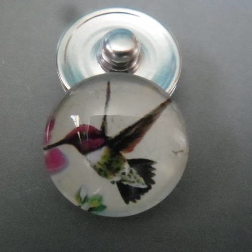 X 1 bouton pression click rond verre dôme motif oiseau argenté 18 mm 