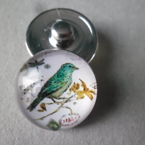 X 1 bouton pression click rond verre dôme motif oiseau vintage 18 mm 