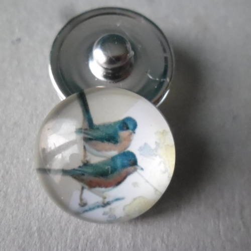 X 1 bouton pression click rond verre dôme motif oiseaux vintage argenté 18 mm 